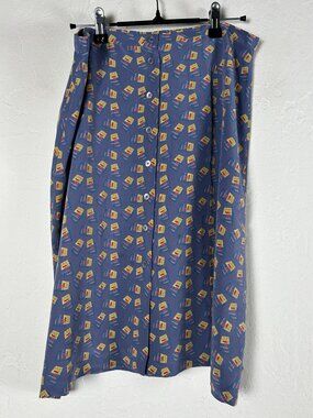Blunauta 100% Silk Abstract Print Button-Front Knee Length Skirt Size 46 Blue